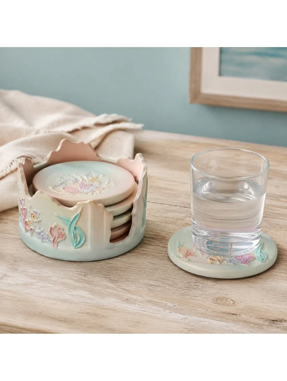 Vintage Shadrak Pottery Dripless Ceramic Coaster Set Holder Pastel Sea Life